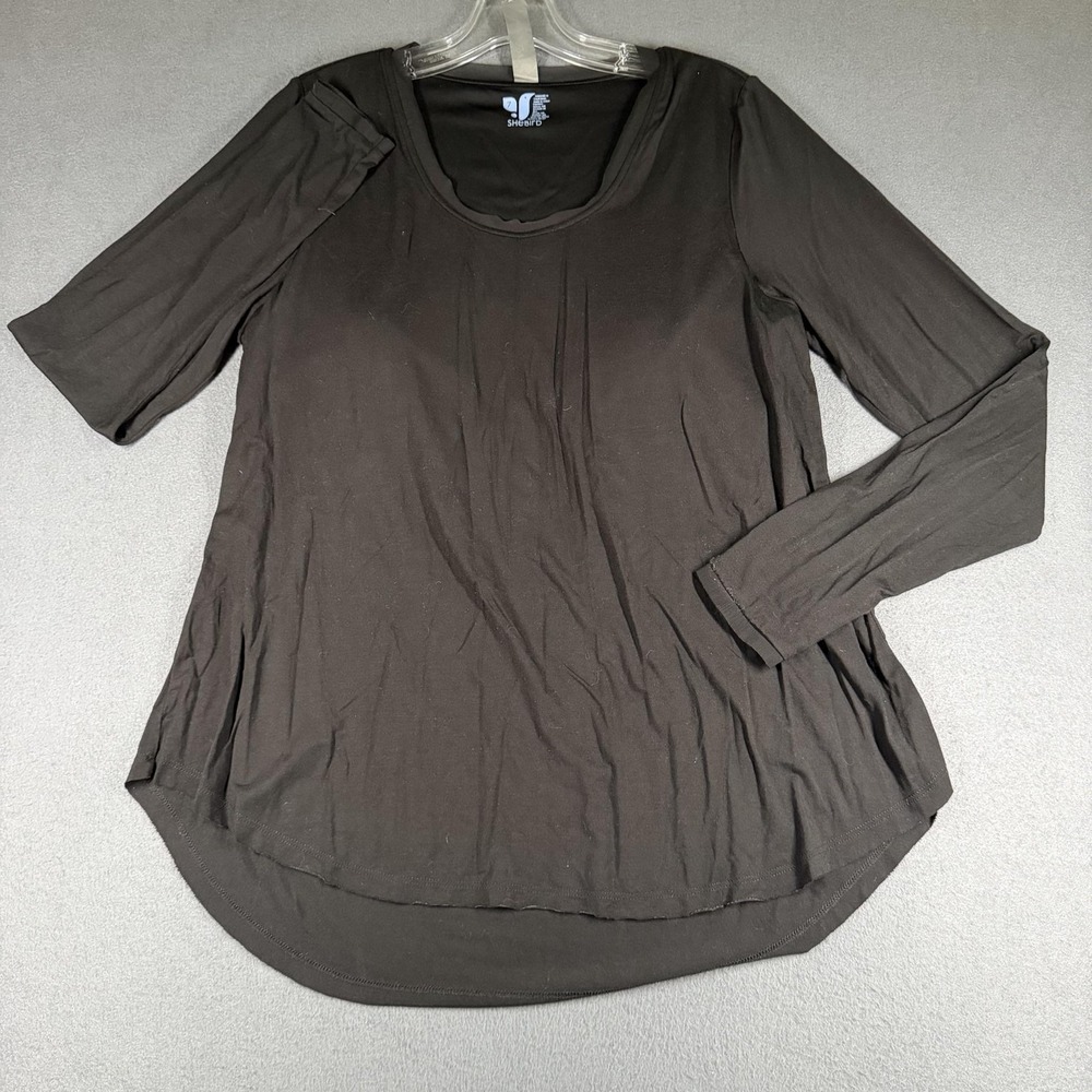 SheBird Shirt Womens 7 XL Black Long Sleeve Scoop Neck Built In Bra Tunic Top